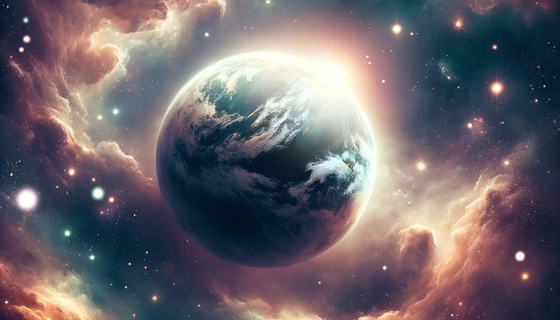 A radiant planet Earth suspended in a vibrant cosmic expanse, symbolizing Genesis 1:1.