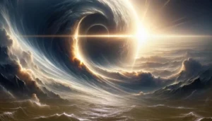 A swirling vortex of darkness meeting radiant light over turbulent waters, symbolizing Genesis 1:3.