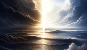 A vertical beam of light dividing dark and bright clouds over a calm ocean, symbolizing Genesis 1:4.