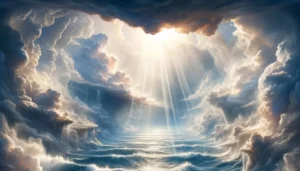 Radiant light streaming through dramatic clouds over ocean waves, symbolizing the firmament in Genesis 1:6.