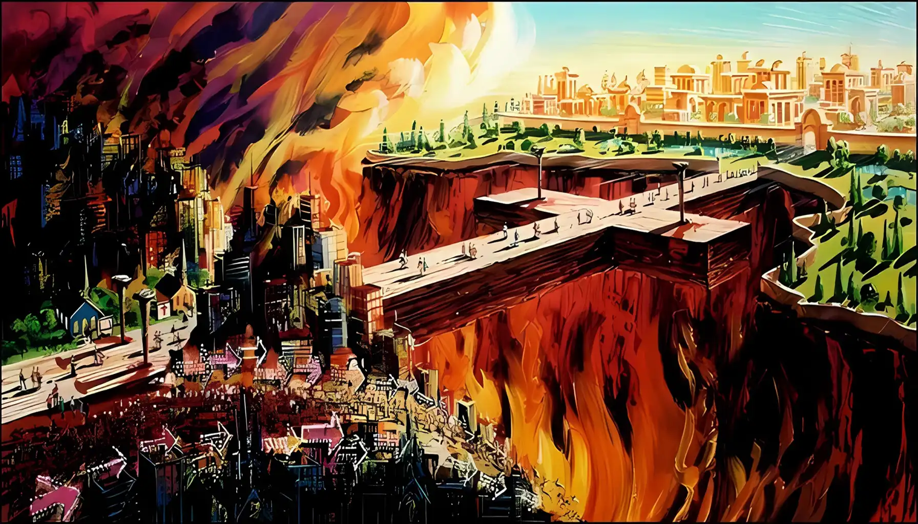 A burning city separated by a chasm from a bright, heavenly city, with a bridge connecting the two, symbolizing salvation in John 3:16.