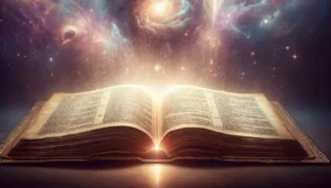 An open Bible emitting light against a cosmic background, representing the divine Word in John 1:1.