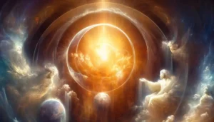 Ethereal beings surrounding a radiant central light, symbolizing divine presence and unity in John 1:2.