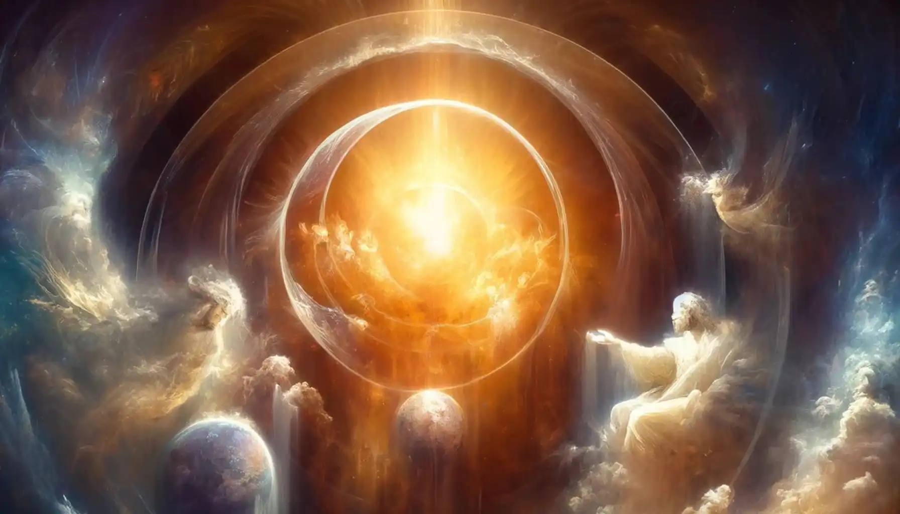 Ethereal beings surrounding a radiant central light, symbolizing divine presence and unity in John 1:2.