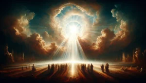 A radiant light shines through a circular opening in the clouds, illuminating a group of people standing below, symbolizing John 1:4.