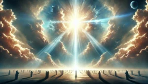 A bright divine light pierces through clouds, illuminating figures standing below, symbolizing John 1:5.