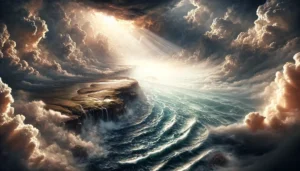 A dramatic scene of dry land emerging from a turbulent sea, inspired by Genesis 1:9, "Let the waters under the heavens be gathered together into one place, and let the dry land appear."