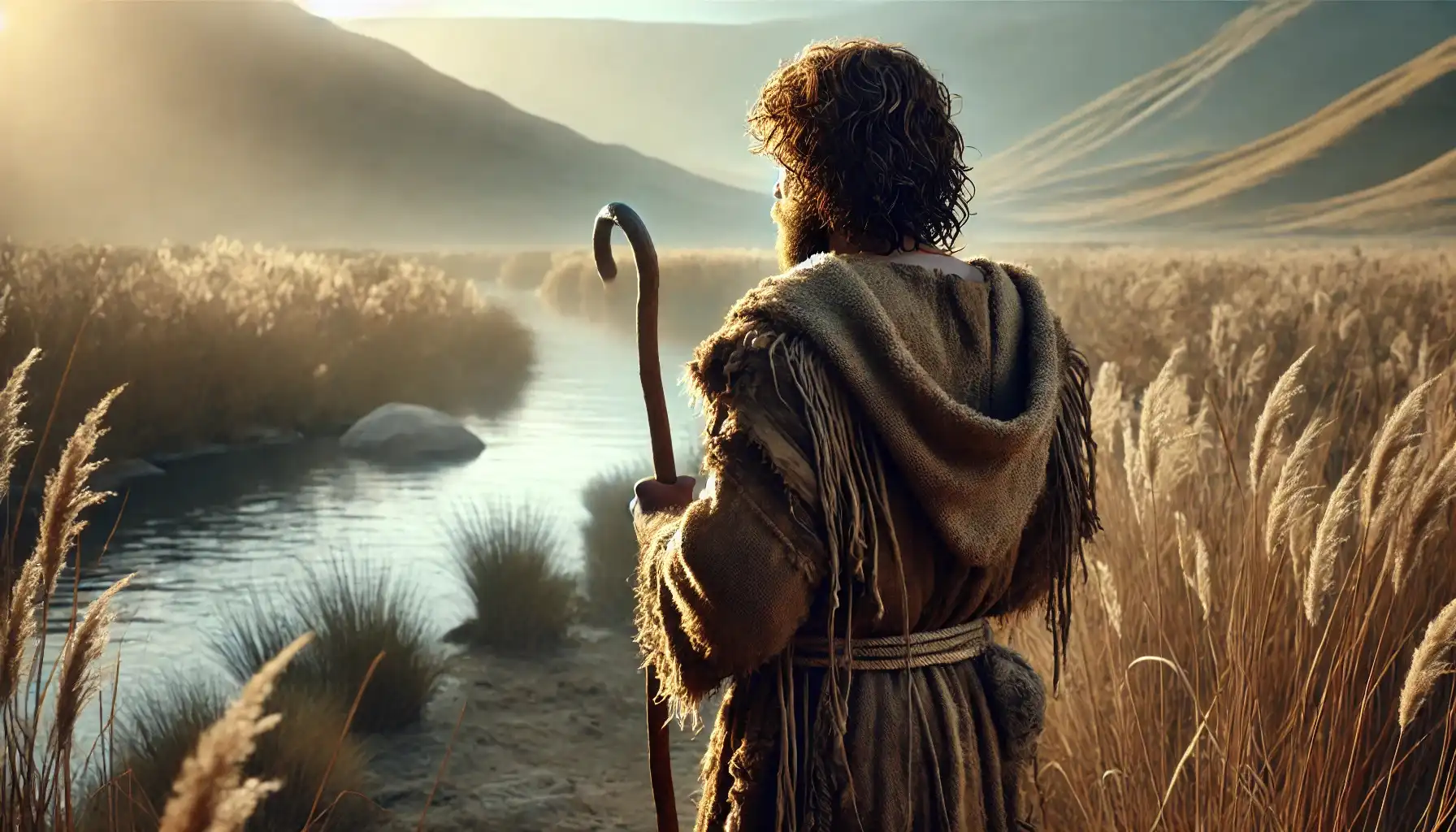 A shepherd standing by a river at dawn, symbolizing John 1:6.