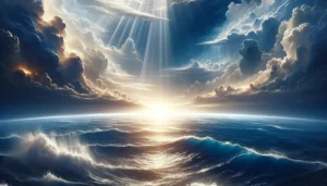 Sunlight breaking through clouds over a turbulent ocean, symbolizing the separation of waters in Genesis 1:7.