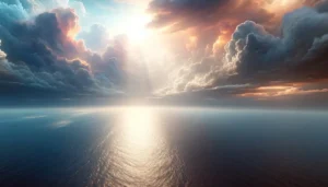 Expansive ocean under dramatic sky with sun rays breaking through clouds, symbolizing Genesis 1:8.